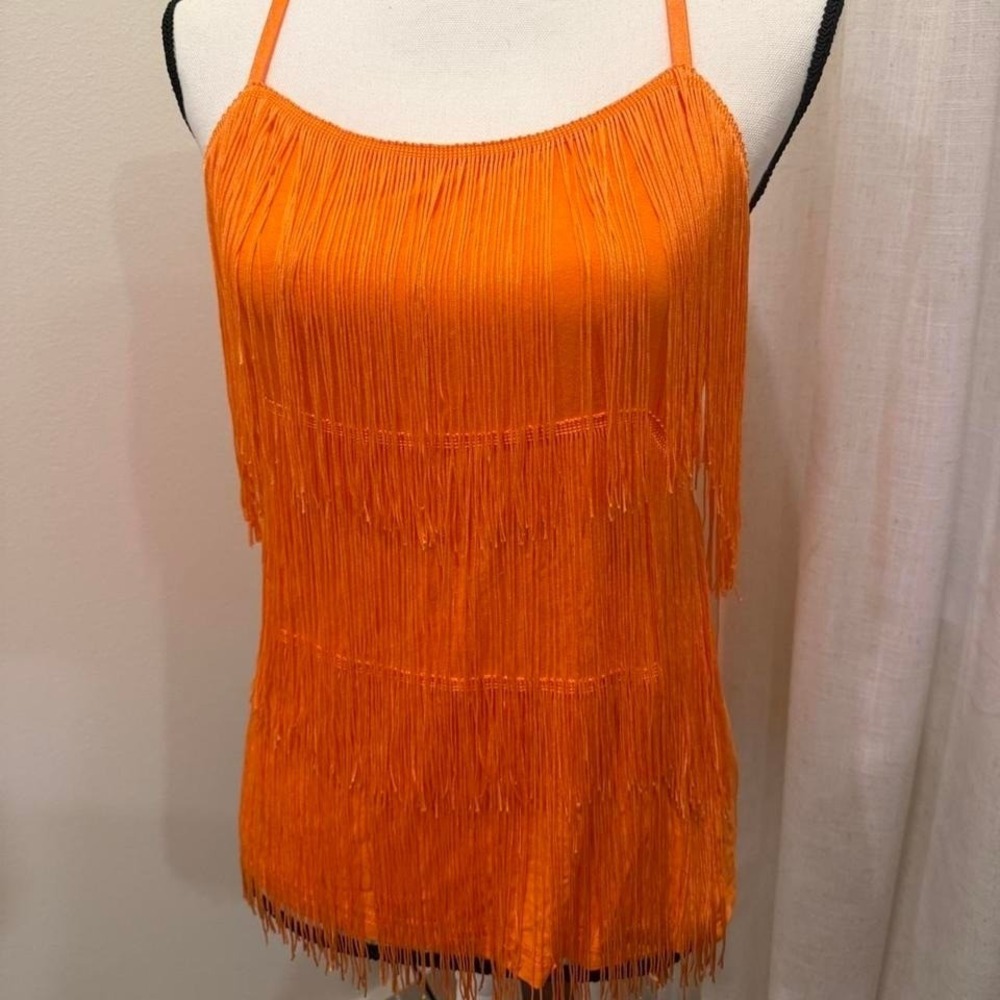 Maner Women Orange Fringe Camisole Top Tiered Flapper Festival Dance Small